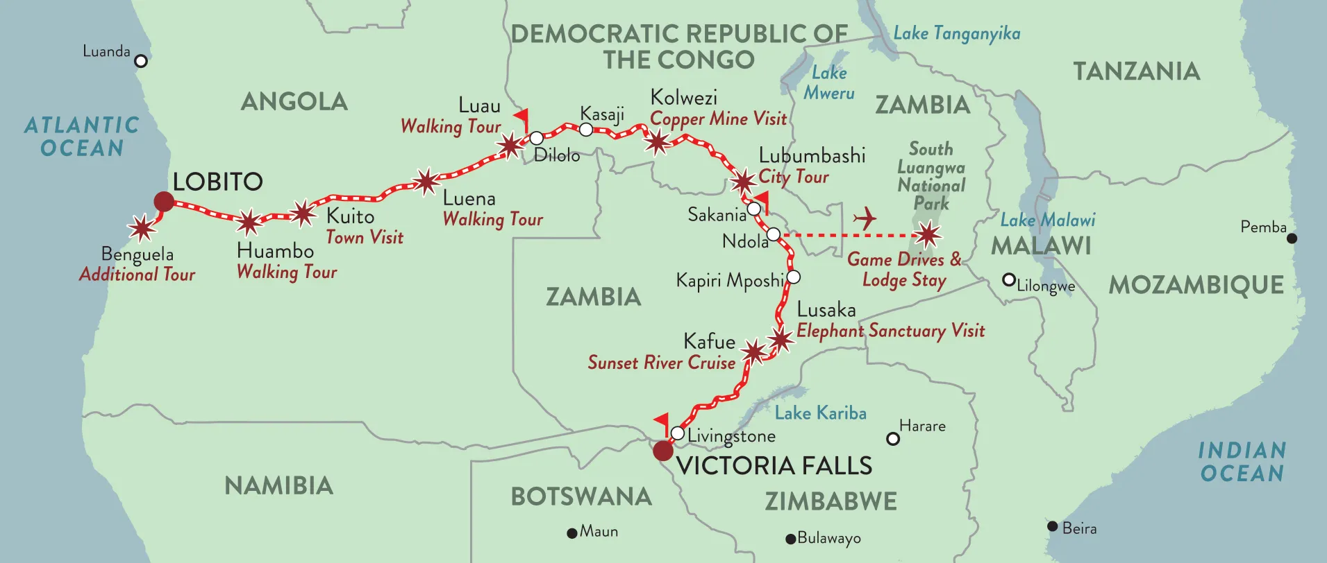 Streckenkarte Copper Trail: Lobito–Viktoriafälle