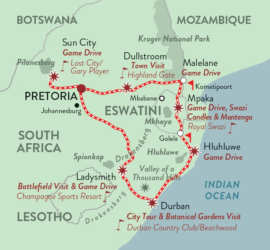 Streckenkarte Golf Safari: Rundreise ab und bis Pretoria