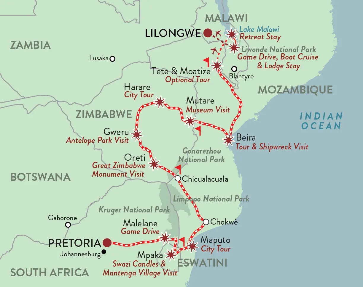 Streckenkarte Pretoria–Lilongwe auf der Malawi-Meander-Route mit allen Zwischenstopps