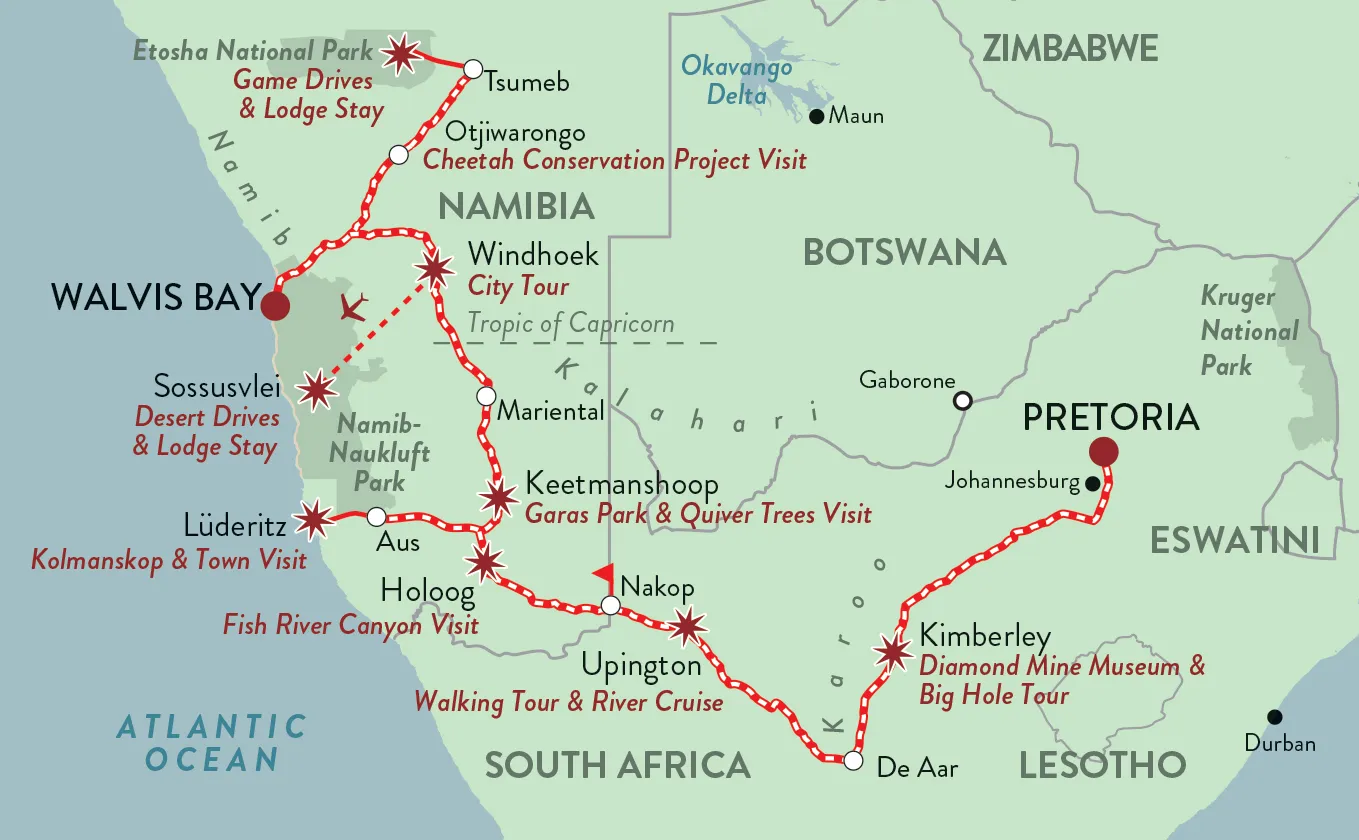 Streckenkarte Namibia Safari: Pretoria–Kapstadt–Walvis Bay