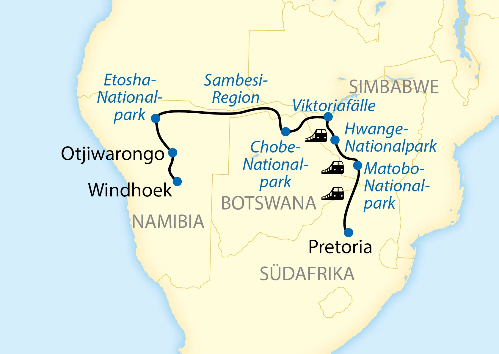 Streckenkarte Windhoek–Viktoriafälle–Pretoria mit allen Zwischenstopps