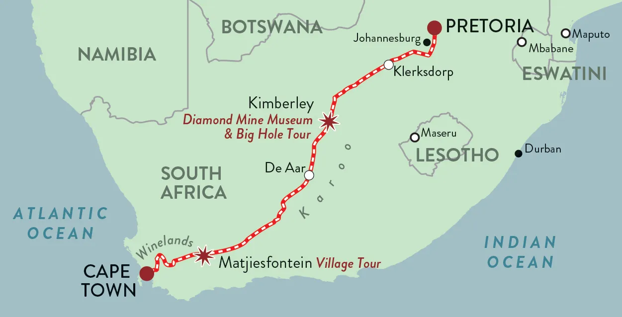Streckenkarte Pretoria–Kapstadt über Kimberley, De Aar und Matjiesfontein