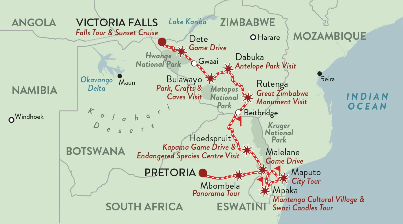 Streckenkarte Southern Cross: Pretoria–Viktoriafälle über Mbombela, Maputo und Bulawayo