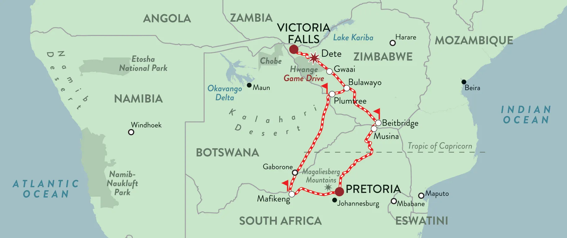 Streckenkarte Pretoria–Viktoriafälle über Mafikeng und Bulawayo