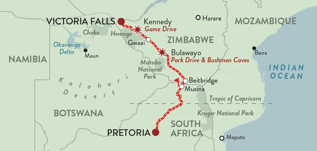 Streckenkarte Pretoria–Viktoriafälle über Bulawayo und den Hwange-Nationalpark