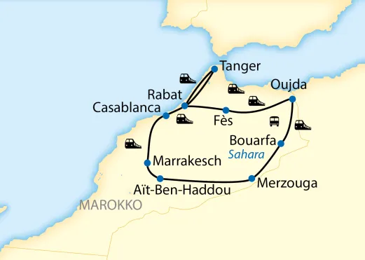 Streckenkarte Marokko: Rundreise ab Marrakesch über Casablanca, Rabat, Tanger, Fès, Oujda, Bouarfa, Merzouga und Aït-Ben-Haddou