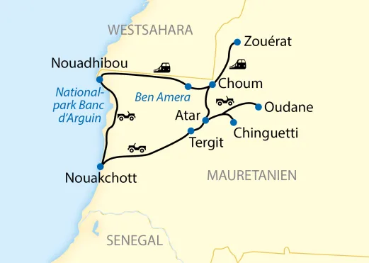 Streckenkarte Mauretanien: Rundreise ab Nouakchott über Atar, Chinguetti, Ouadane, Terjit, Choum, Zouérat, Ben Amera und Nouadhibou